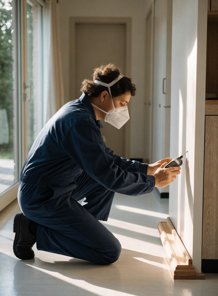 Technician checking a wall with a moisture meter beside a removed baseboard